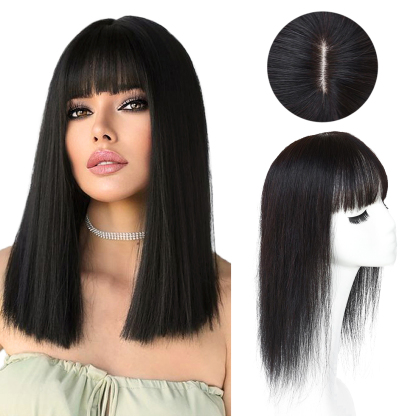 Meiverah Hair Real Human Hair Topper with Bangs - Clip-In Thick Silk Base Hairpiece for Women (Natural Black/16 inch)