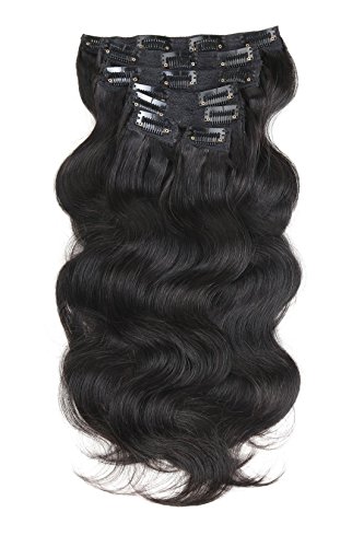 Prime Long 28 Inch Brazilian Wavy Clip in Hair Extension Human Hair Body Wave Clip in Hair Extensions Human Hair Full Head Brazilian Virgin Hair Double Weft 7Peices/set (Natural Black)