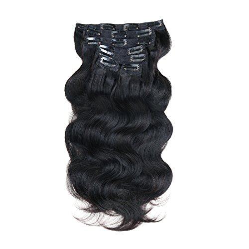 Prime Long 28 Inch Brazilian Wavy Clip in Hair Extension Human Hair Body Wave Clip in Hair Extensions Human Hair Full Head Brazilian Virgin Hair Double Weft 7Peices/set (Jet Black)