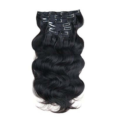 Prime Long 28 Inch Brazilian Wavy Clip in Hair Extension Human Hair Body Wave Clip in Hair Extensions Human Hair Full Head Brazilian Virgin Hair Double Weft 7Peices/set (Jet Black)