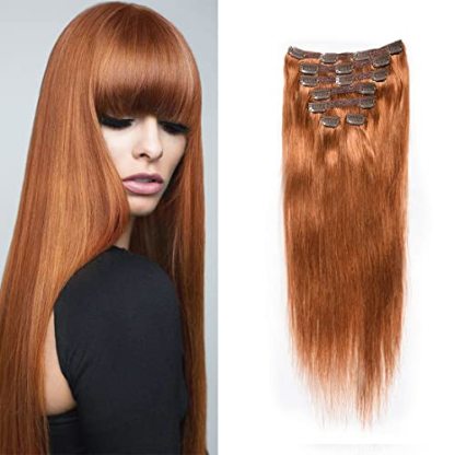 Clip in Hair Extensions Human Hair Brazilian Virgin Hair Double Weft Full Head Straight 7 Pieces/set (Copper Red)