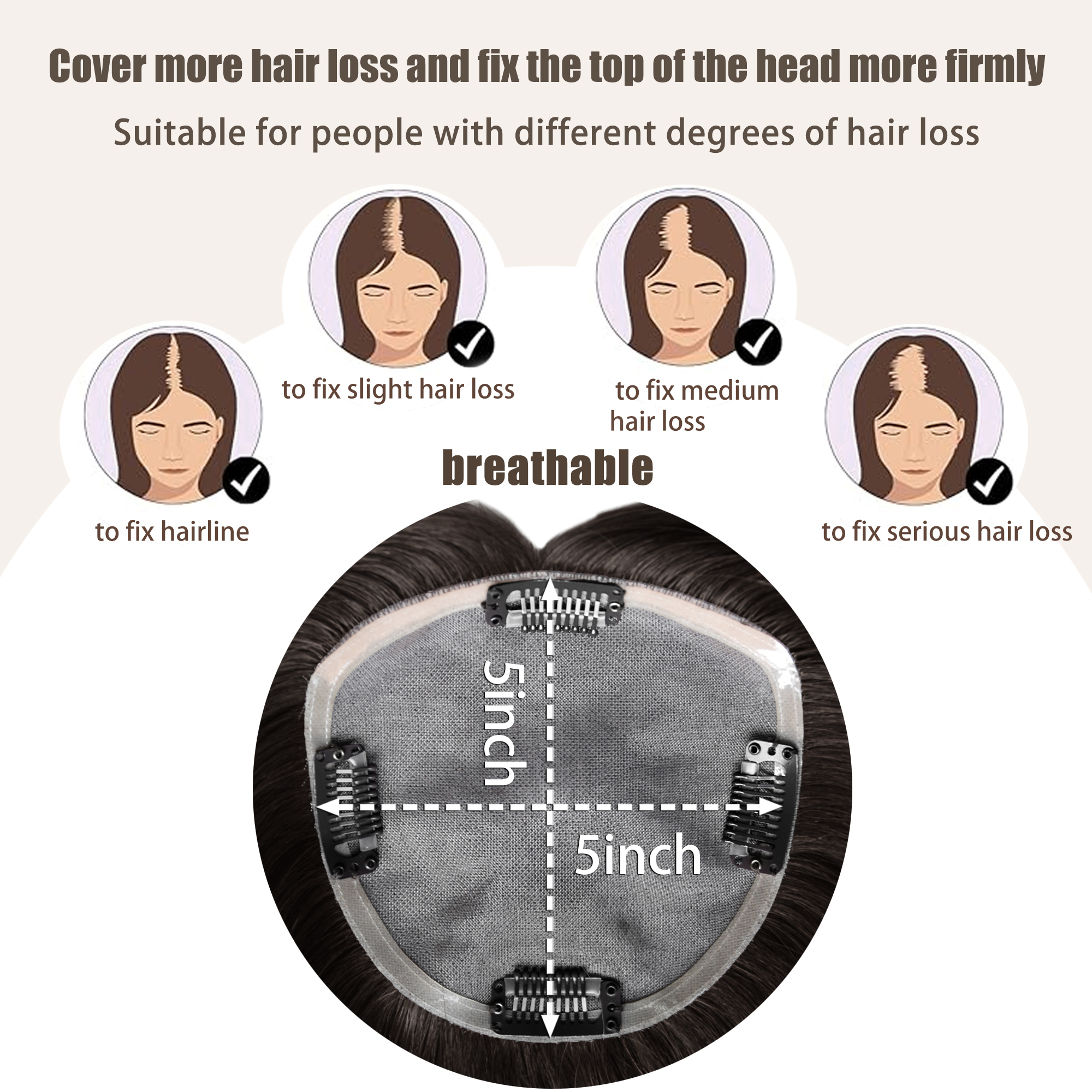 Meiverah Real Human Hair Full Hand-tied Swiss Mono Base Topper NO Bangs  Clip-In Thick Hairpiece for Women (#1B)