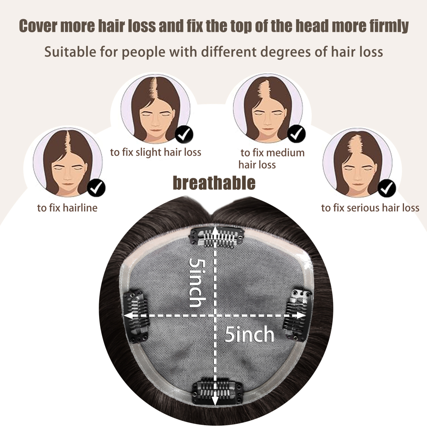 Meiverah Real Human Hair Full Hand-tied Swiss Mono Base Topper NO Bangs  Clip-In Thick Hairpiece for Women (#1B)