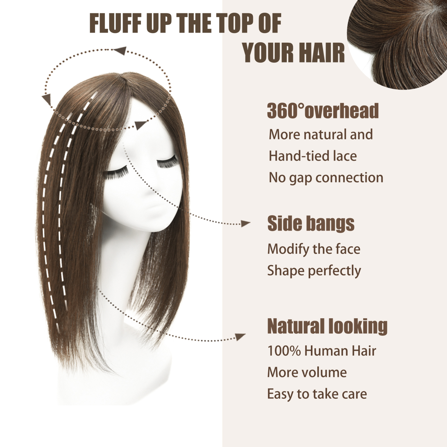 Meiverah Real Human Hair Full Hand-tied Mono Base Topper NO Bangs  Clip-In Thick Hairpiece for Women (#5 )