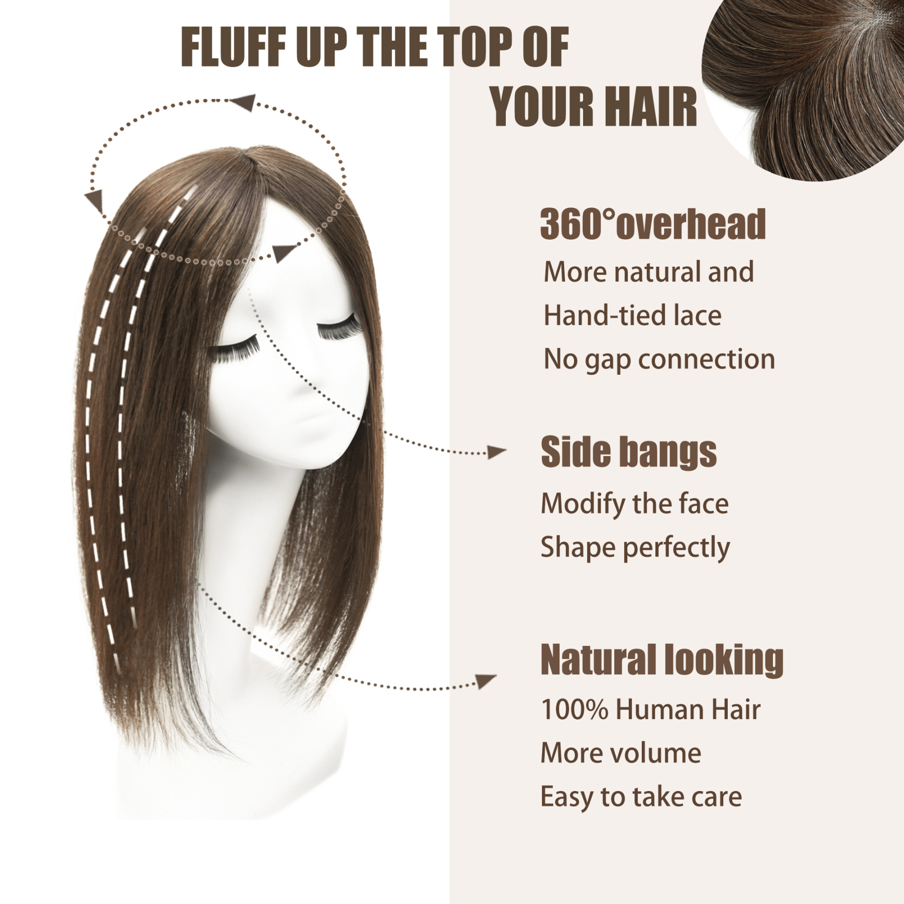 Meiverah Real Human Hair Full Hand-tied Mono Base Topper NO Bangs  Clip-In Thick Hairpiece for Women (#5 )