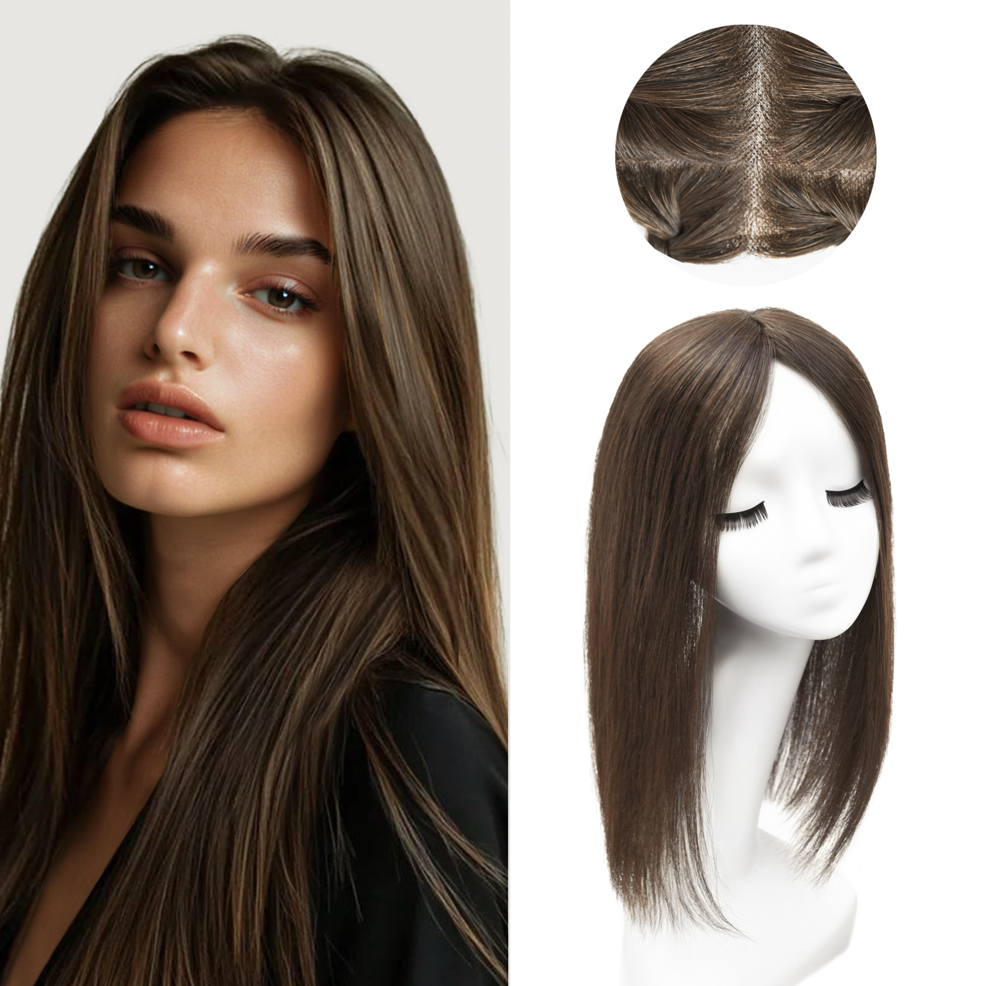 Meiverah Real Human Hair Full Hand-tied Mono Base Topper NO Bangs  Clip-In Thick Hairpiece for Women (#5 )