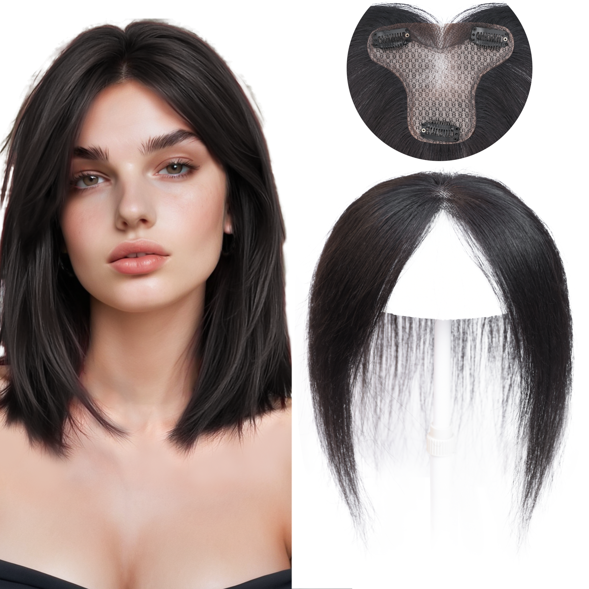 Meiverah Handmade Human Hair Middle Part Clip In Toupee No Bangs Seamless Natural Topper Breathable Mesh Base Women Thickening Hairpiece (Natural Black/Swissnet)