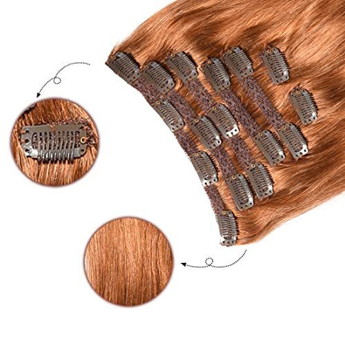 Clip in Hair Extensions Human Hair Brazilian Virgin Hair Double Weft Full Head Straight 7 Pieces/set (Copper Red)
