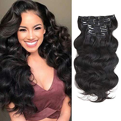 Prime Long 28 Inch Brazilian Wavy Clip in Hair Extension Human Hair Body Wave Clip in Hair Extensions Human Hair Full Head Brazilian Virgin Hair Double Weft 7Peices/set (Natural Black)