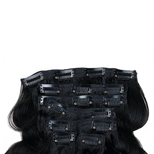 Prime Long 28 Inch Brazilian Wavy Clip in Hair Extension Human Hair Body Wave Clip in Hair Extensions Human Hair Full Head Brazilian Virgin Hair Double Weft 7Peices/set (Jet Black)