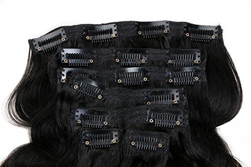 Prime Long 28 Inch Brazilian Wavy Clip in Hair Extension Human Hair Body Wave Clip in Hair Extensions Human Hair Full Head Brazilian Virgin Hair Double Weft 7Peices/set (Natural Black)