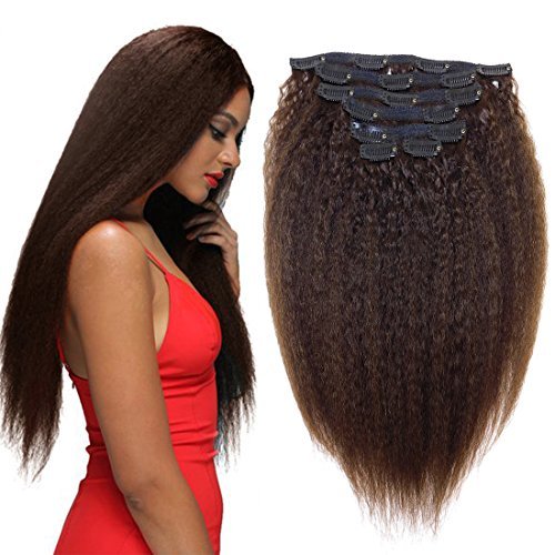 Yaki Hair Clip in Natural Hair Extensions for Black Women Virgin Remy Hair Kinky Straight （Dark Brown）