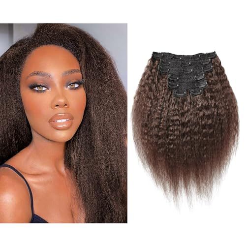 Yaki Hair Clip in Natural Hair Extensions for Black Women Virgin Remy Hair Kinky Straight （Dark Brown）