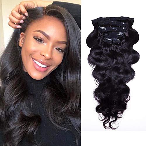 Prime Long 28 Inch Brazilian Wavy Clip in Hair Extension Human Hair Body Wave Clip in Hair Extensions Human Hair Full Head Brazilian Virgin Hair Double Weft 7Peices/set (Jet Black)