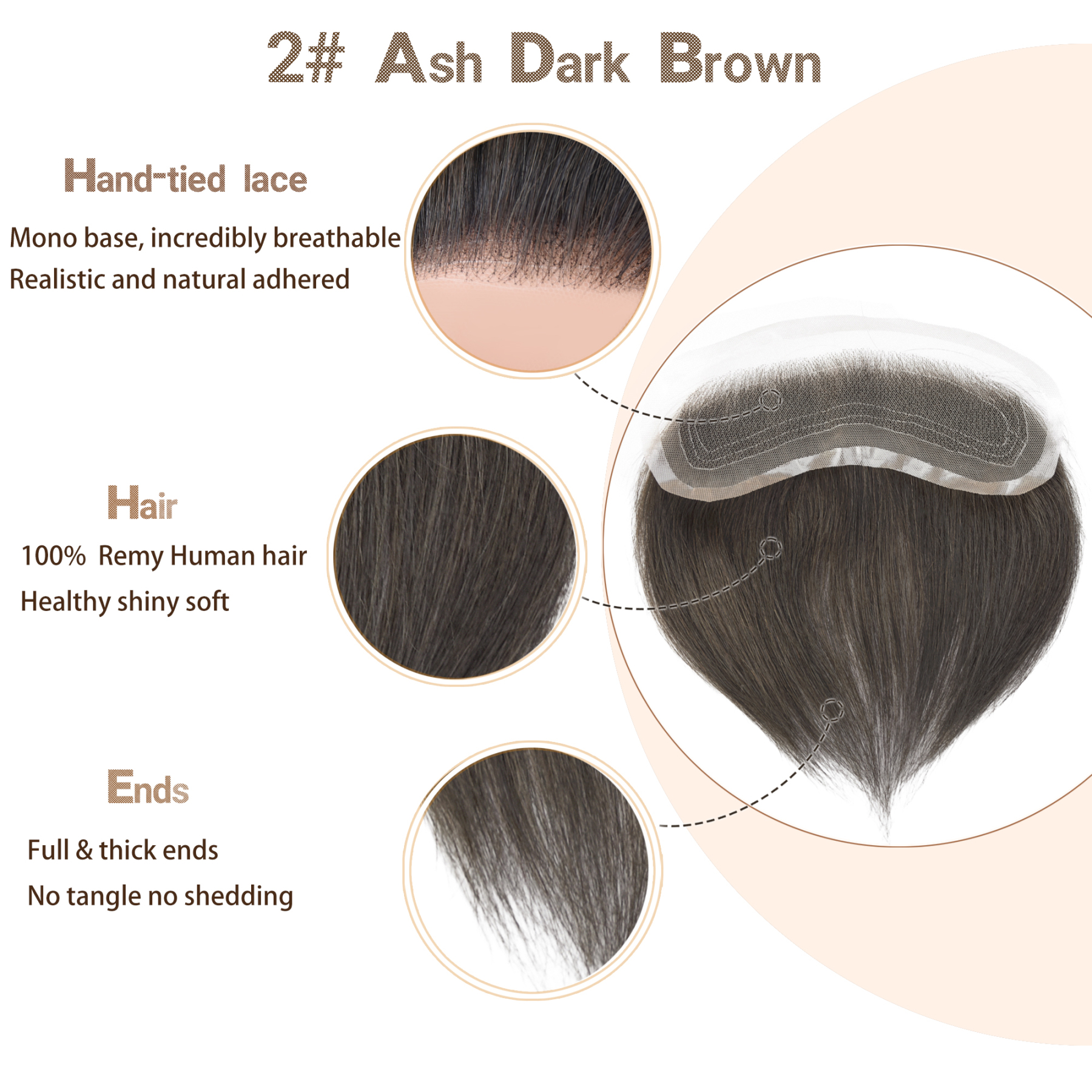 Meiverah Hair Frontal Hairpiece for Men Hand-tied Mono Base Hairline Human Hair Toppers Replacement Toupee（2#)