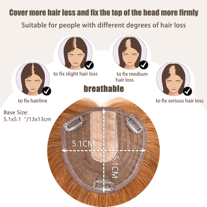 Meiverah Hair Real Human Hair Topper with Bangs Clip-In Thick PU Silk Base Hairpiece for Women (Copper Red)