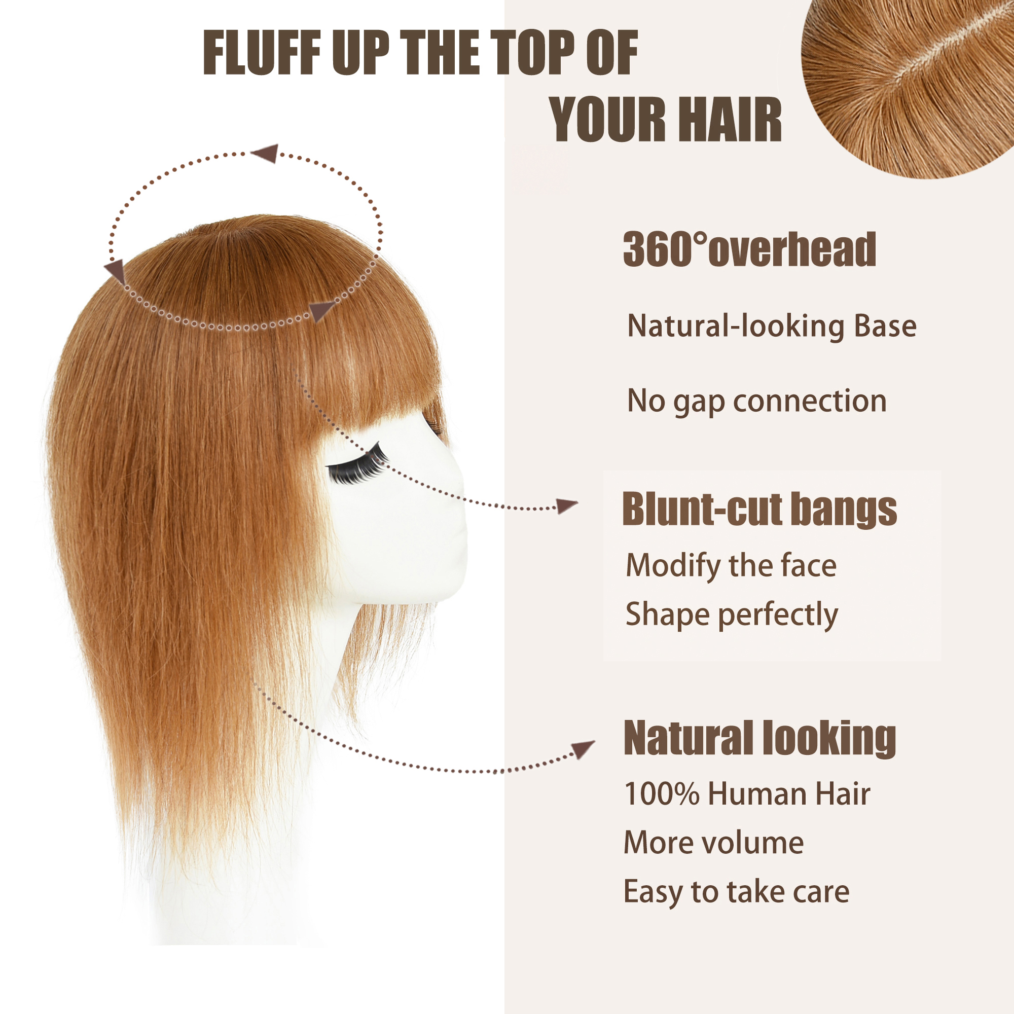 Meiverah Hair Real Human Hair Topper with Bangs Clip-In Thick PU Silk Base Hairpiece for Women (Copper Red)