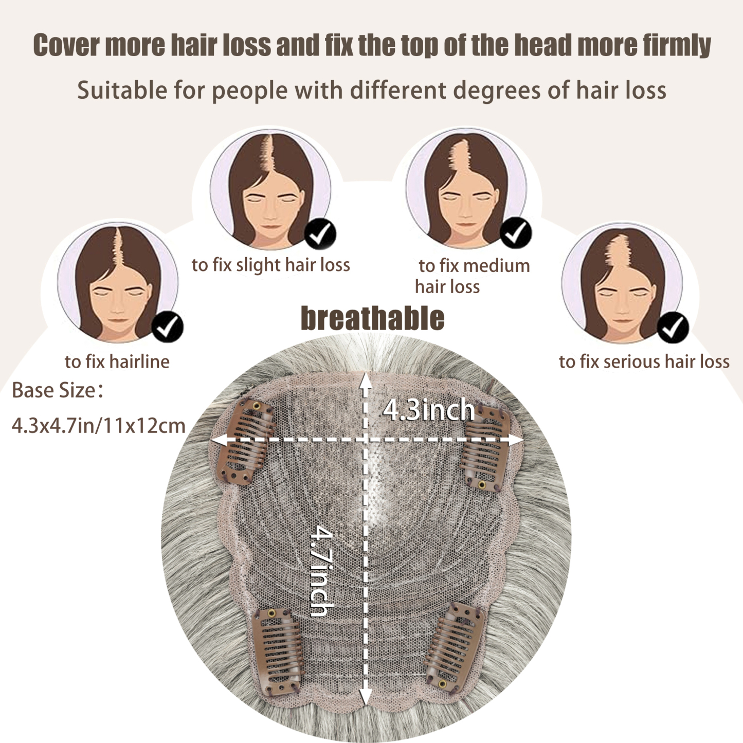Meiverah Real Human Hair Hand-tied Swiss Lace Topper NO Bangs Clip-In Thick Natural looking Parted Toupee for Women (Pepper Salt)