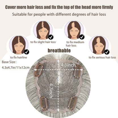 Meiverah Real Human Hair Hand-tied Swiss Lace Topper NO Bangs Clip-In Thick Natural looking Parted Toupee for Women (Pepper Salt)