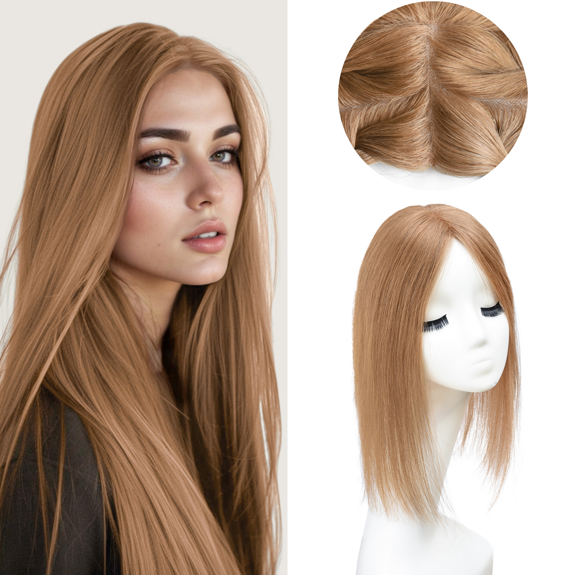 Meiverah Real Human Hair Full Hand-tied Swiss Mono Base Topper NO Bangs  Clip-In Thick Hairpiece for Women (#6 Ash Golden Blonde)