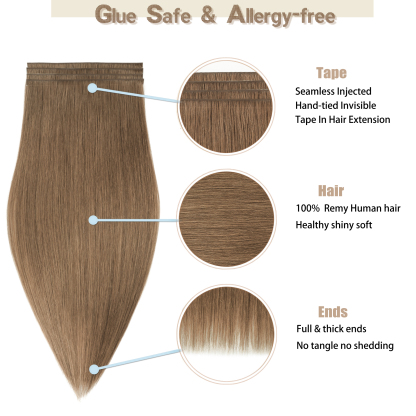 Meiverah 7.87 x 0.32 Inch Long Seamless Hand-Tied Invisible Tape-In Hair Extensions (4 Pcs) - Virgin Human Hair (#6)