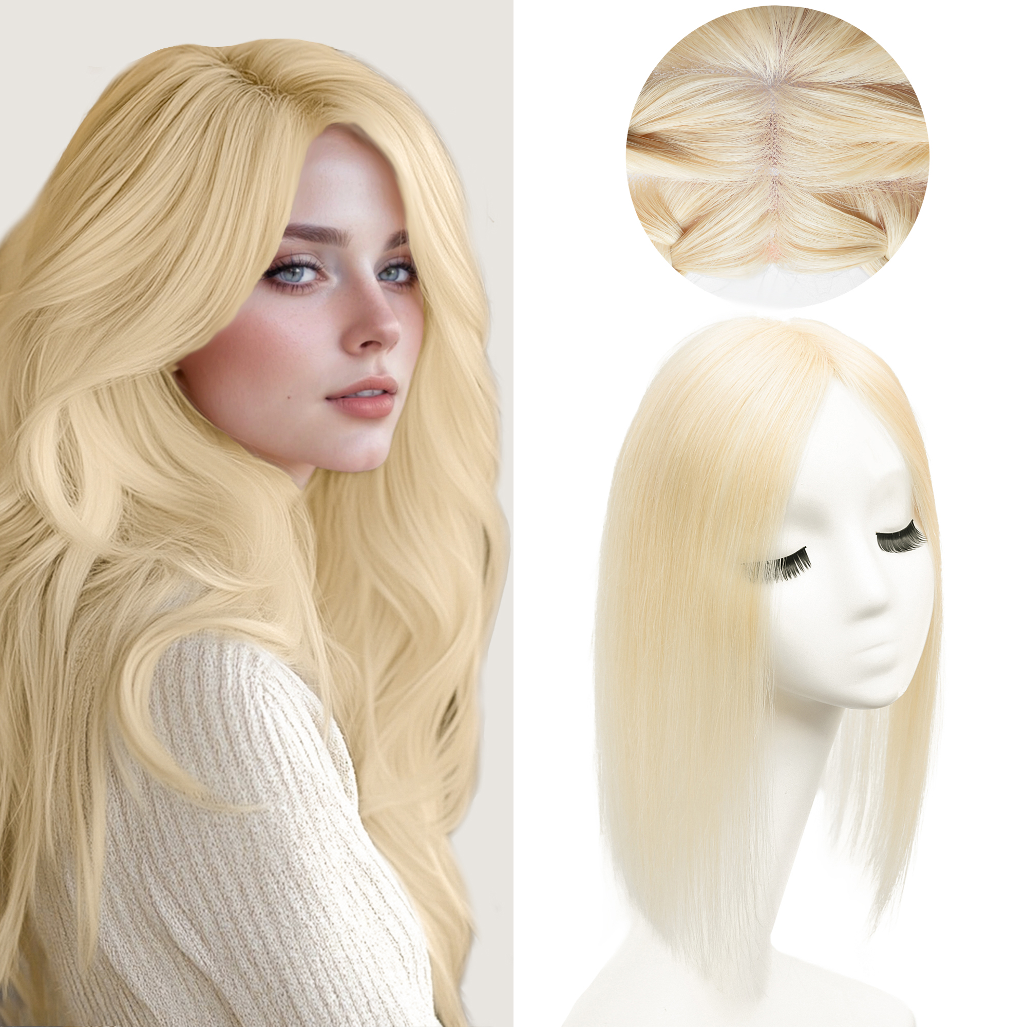 Meiverah Real Human Hair Full Hand-tied Swiss Mono Base Topper NO Bangs  Clip-In Thick Hairpiece for Women (#613）