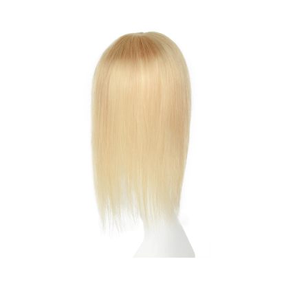 Meiverah Hair Real Human Hair Hair Topper with Bangs Clip in Human Hair Toppers Seamless Hairpiece Toupee for Women Thick Silk Base Topper for Thicking Hair (Blonde)