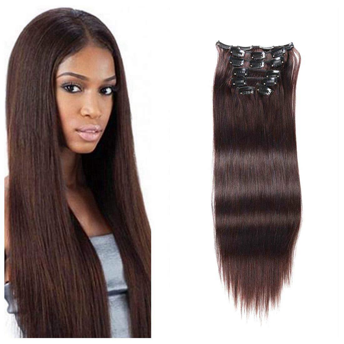 Clip in Hair Extensions Human Hair Brazilian Virgin Hair Double Weft Full Head Straight 7 Pieces/set (Medium Brown)