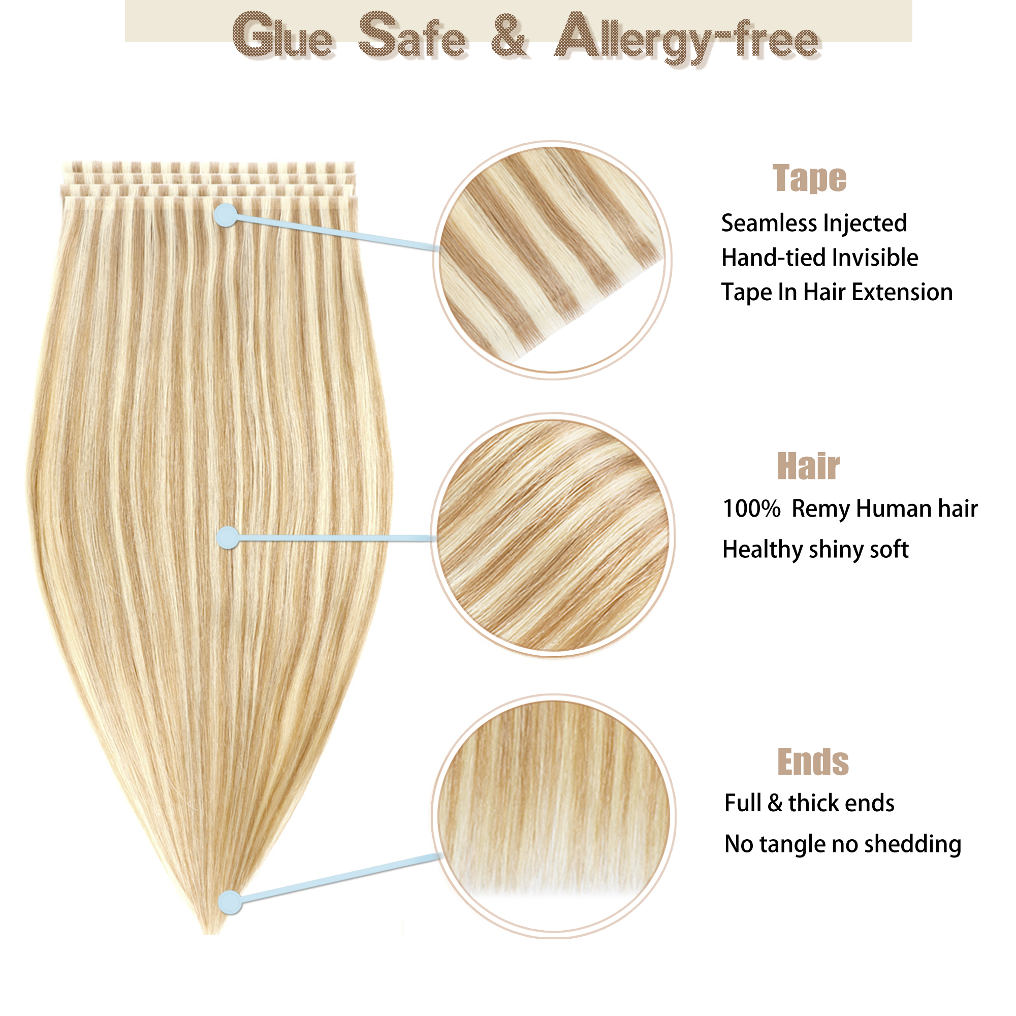 Meiverah 7.87 x 0.32 Inch Long Seamless Hand-Tied Invisible Tape-In Hair Extensions (4 Pcs) - Virgin Human Hair (#P18/613)