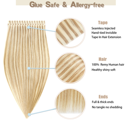 Meiverah 7.87 x 0.32 Inch Long Seamless Hand-Tied Invisible Tape-In Hair Extensions (4 Pcs) - Virgin Human Hair (#P18/613)