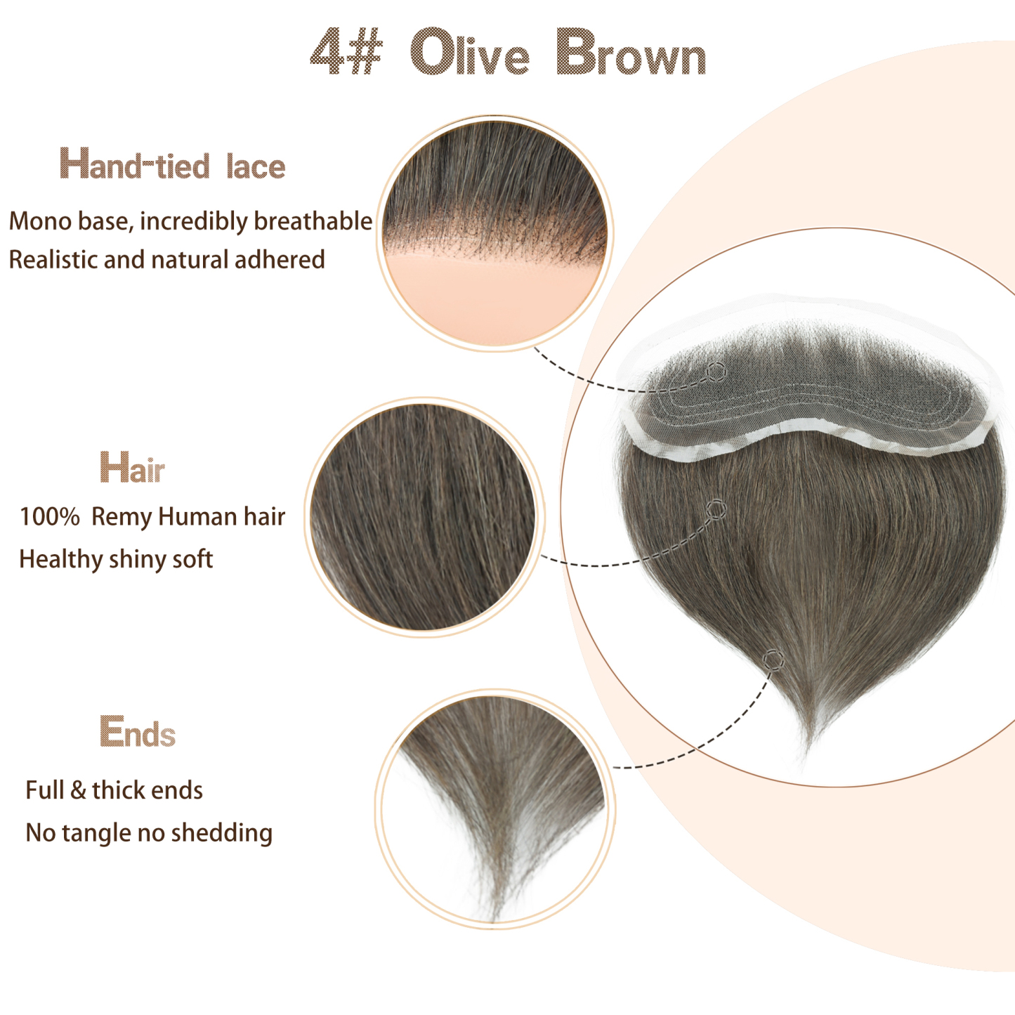 Meiverah Hand-Tied Mono Base Men's Hair System - Breathable, Realistic Hairline & Natural-Looking Hair Replacement（4#)