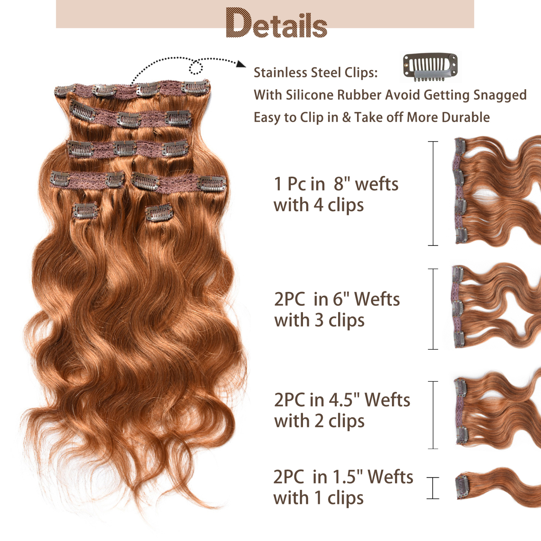 Meiverah Hair Clip in Body Wave Human Hair Extensions Copper Red Color Virgin Hair Double Weft(Copper Red)