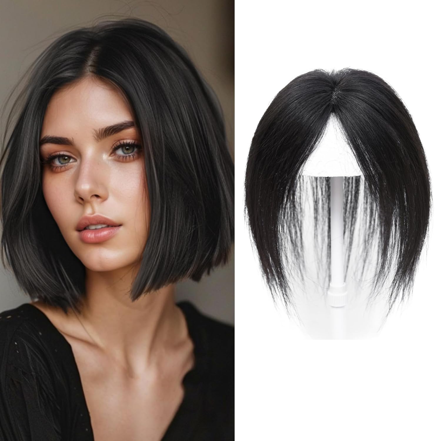 Meiverah Handmade Human Hair Middle Part Clip In Toupee No Bangs Seamless Natural Topper Breathable Mesh Base Women Thickening Hairpiece (Natural Black/Swissnet)