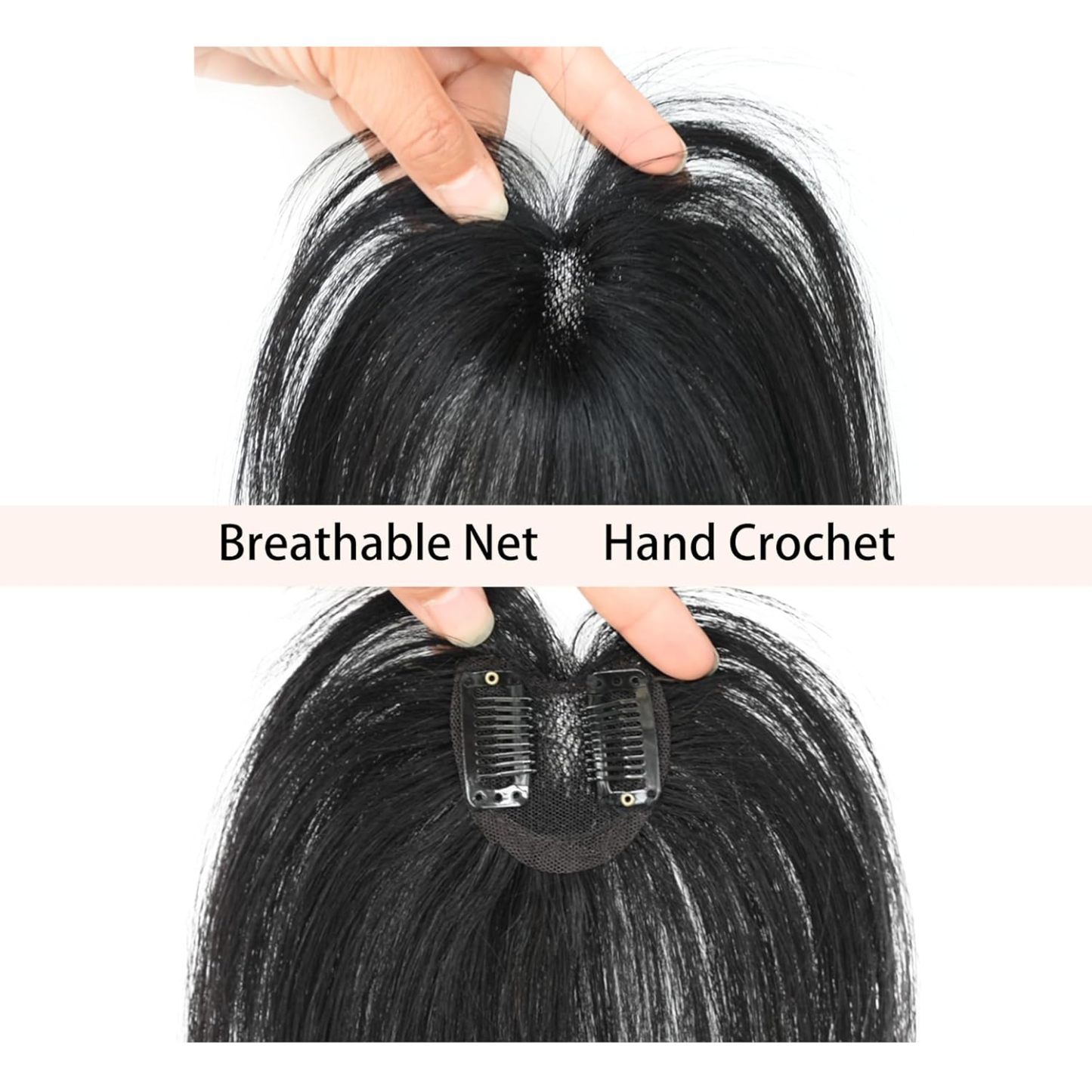 Meiverah Handmade Human Hair Middle Part Clip In Toupee No Bangs Seamless Natural Topper Breathable Mesh Base Women Thickening Hairpiece (Natural Black/Swissnet)