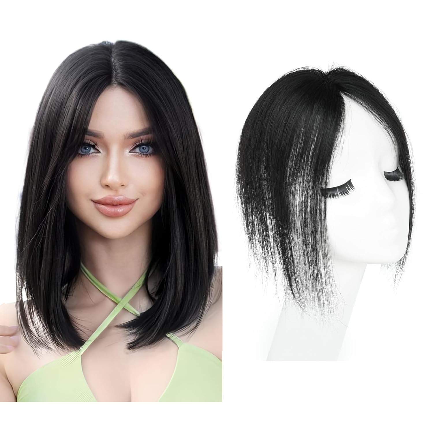 Meiverah Handmade Human Hair Middle Part Clip In Toupee No Bangs Seamless Natural Topper Breathable Mesh Base Women Thickening Hairpiece (Natural Black)