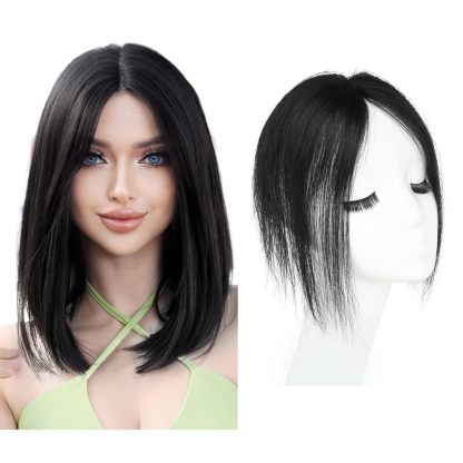 Meiverah Handmade Human Hair Middle Part Clip In Toupee No Bangs Seamless Natural Topper Breathable Mesh Base Women Thickening Hairpiece (Natural Black)