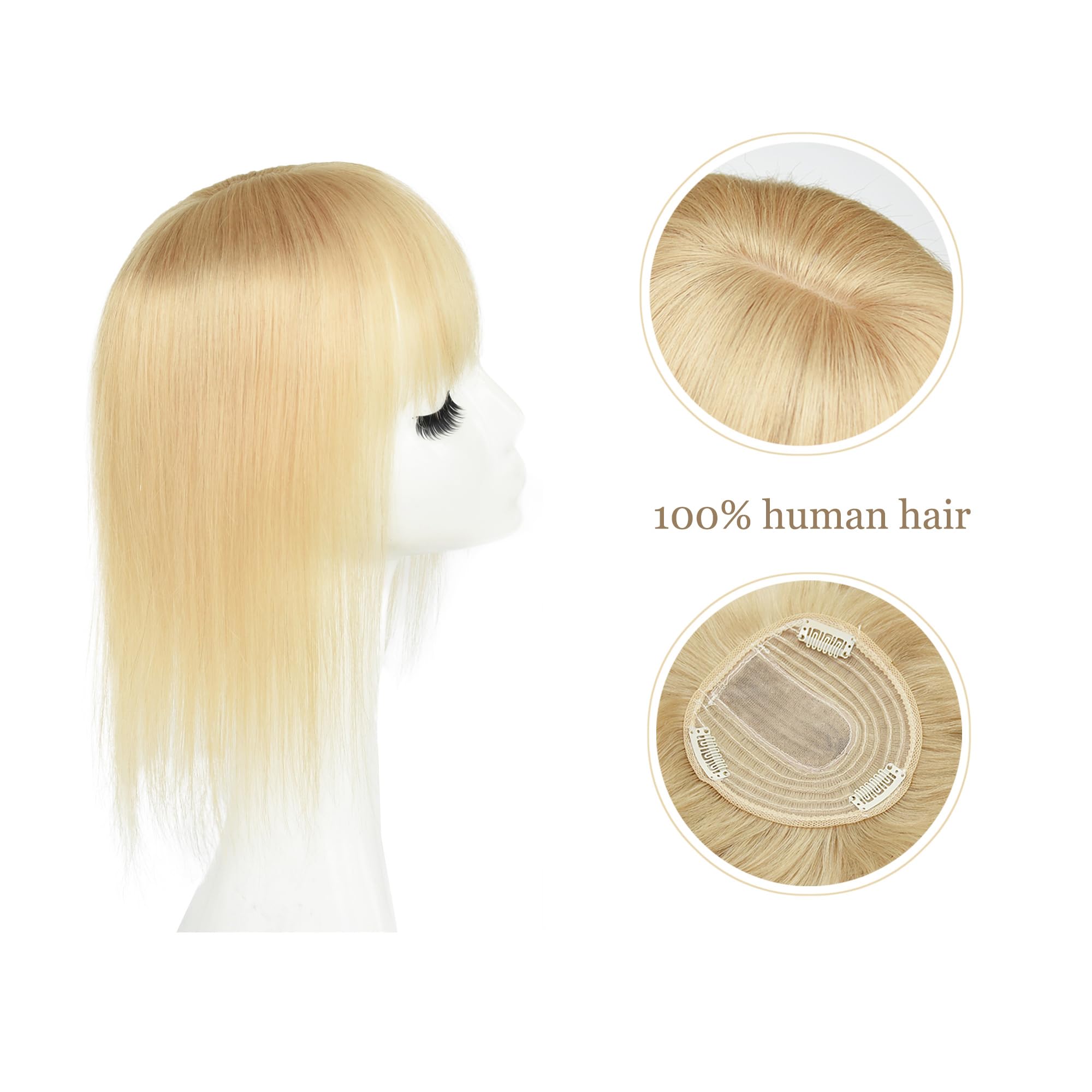 Meiverah Hair Real Human Hair Hair Topper with Bangs Clip in Human Hair Toppers Seamless Hairpiece Toupee for Women Thick Silk Base Topper for Thicking Hair (Blonde)