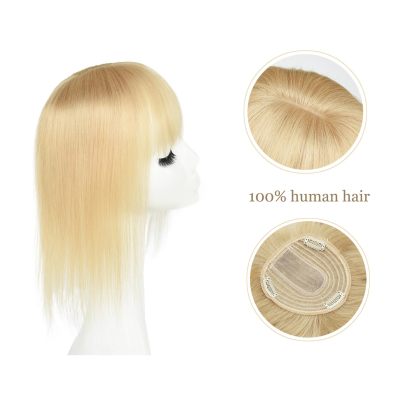 Meiverah Hair Real Human Hair Hair Topper with Bangs Clip in Human Hair Toppers Seamless Hairpiece Toupee for Women Thick Silk Base Topper for Thicking Hair (Blonde)