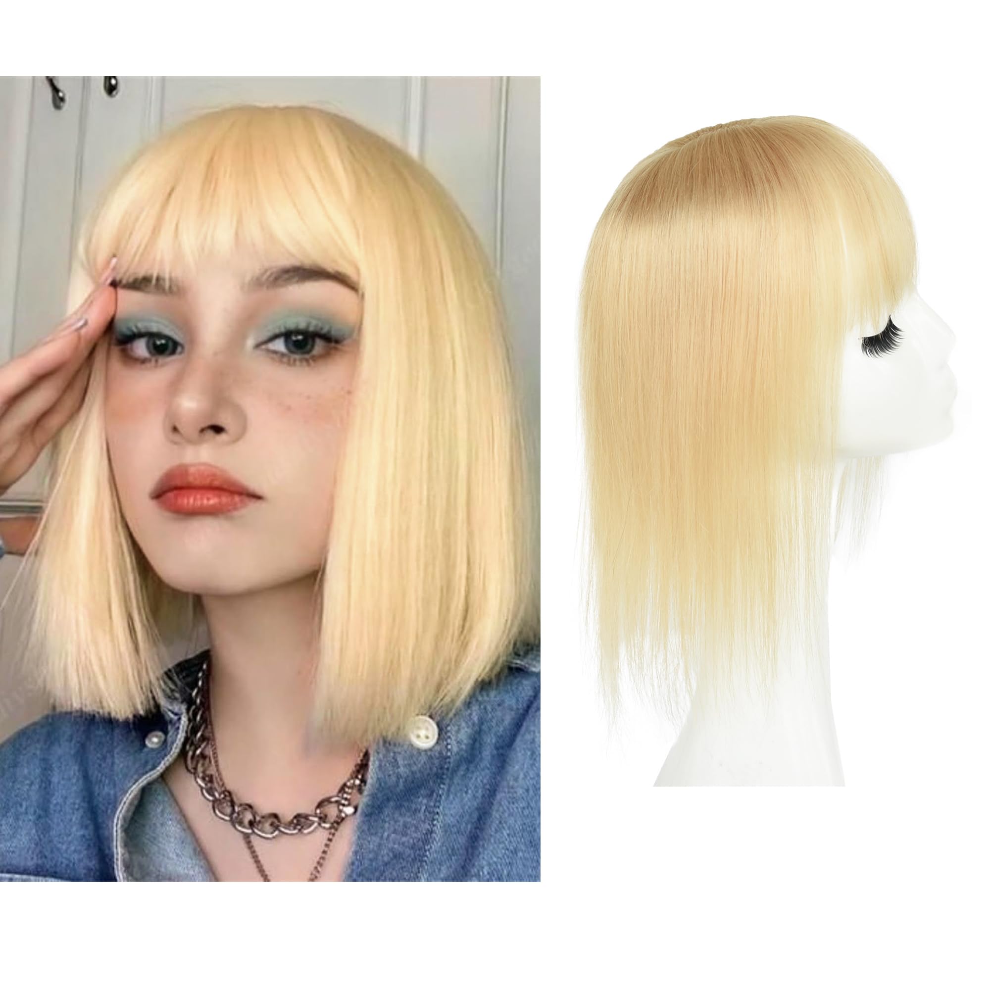 Meiverah Hair Real Human Hair Hair Topper with Bangs Clip in Human Hair Toppers Seamless Hairpiece Toupee for Women Thick Silk Base Topper for Thicking Hair (Blonde)