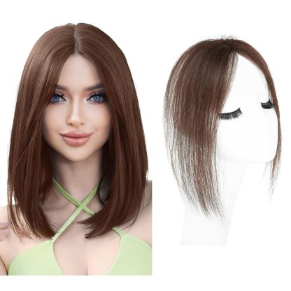 Meiverah Handmade Human Hair Middle Part Clip In Toupee No Bangs Seamless Natural Topper Breathable Mesh Base Women Thickening Hairpiece (Medium Brown)