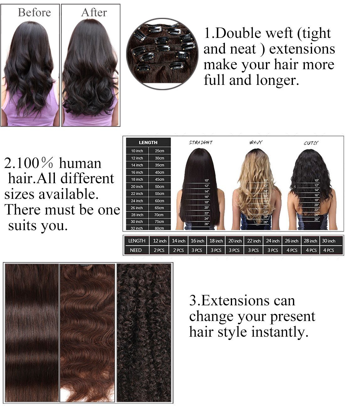 Clip in Hair Extensions Human Hair Brazilian Virgin Hair Double Weft Full Head Straight 7 Pieces/set (Medium Brown)