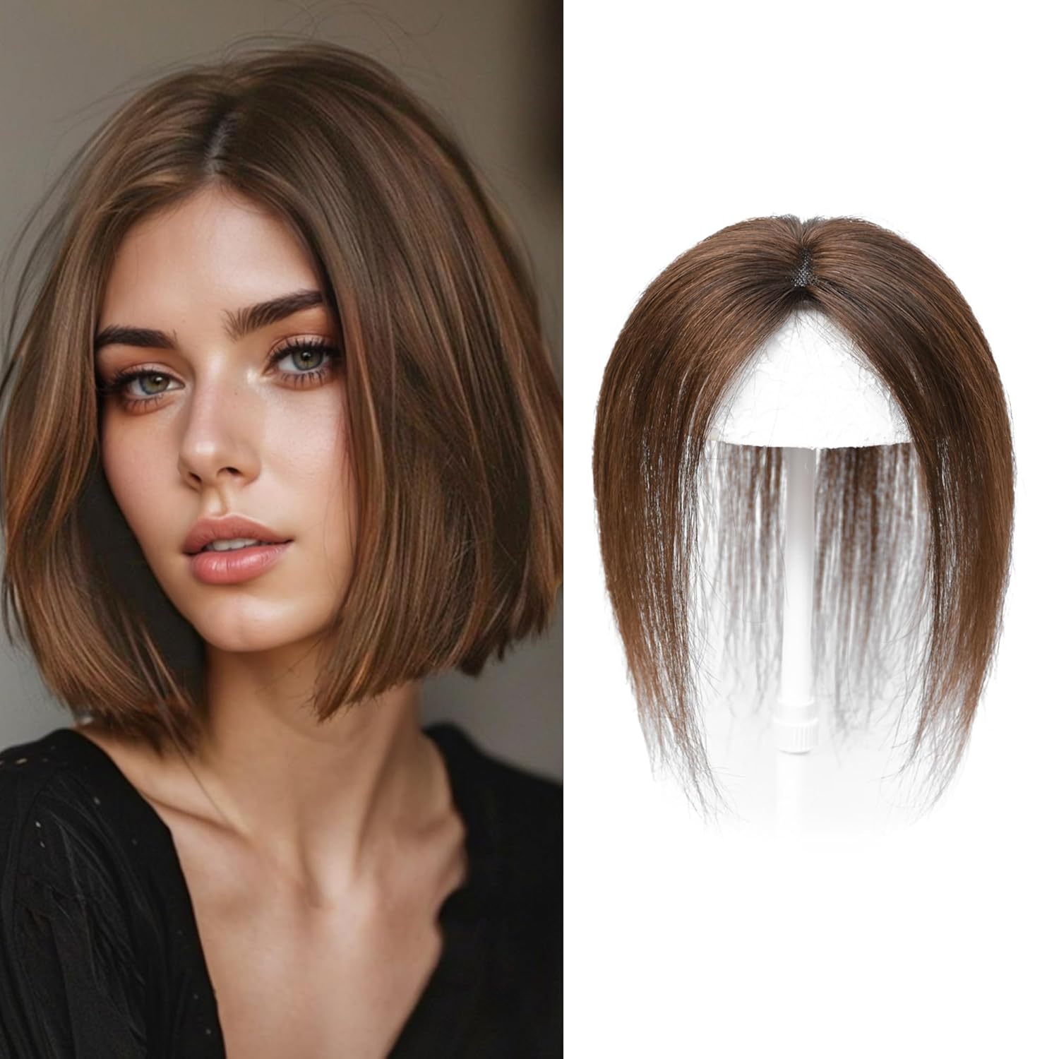 Meiverah Handmade Human Hair Middle Part Clip In Toupee No Bangs Seamless Natural Topper Breathable Mesh Base Women Thickening Hairpiece (Medium Brown/Swissnet)