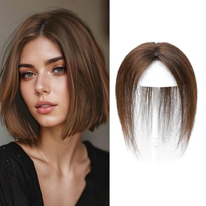 Meiverah Handmade Human Hair Middle Part Clip In Toupee No Bangs Seamless Natural Topper Breathable Mesh Base Women Thickening Hairpiece (Medium Brown/Swissnet)