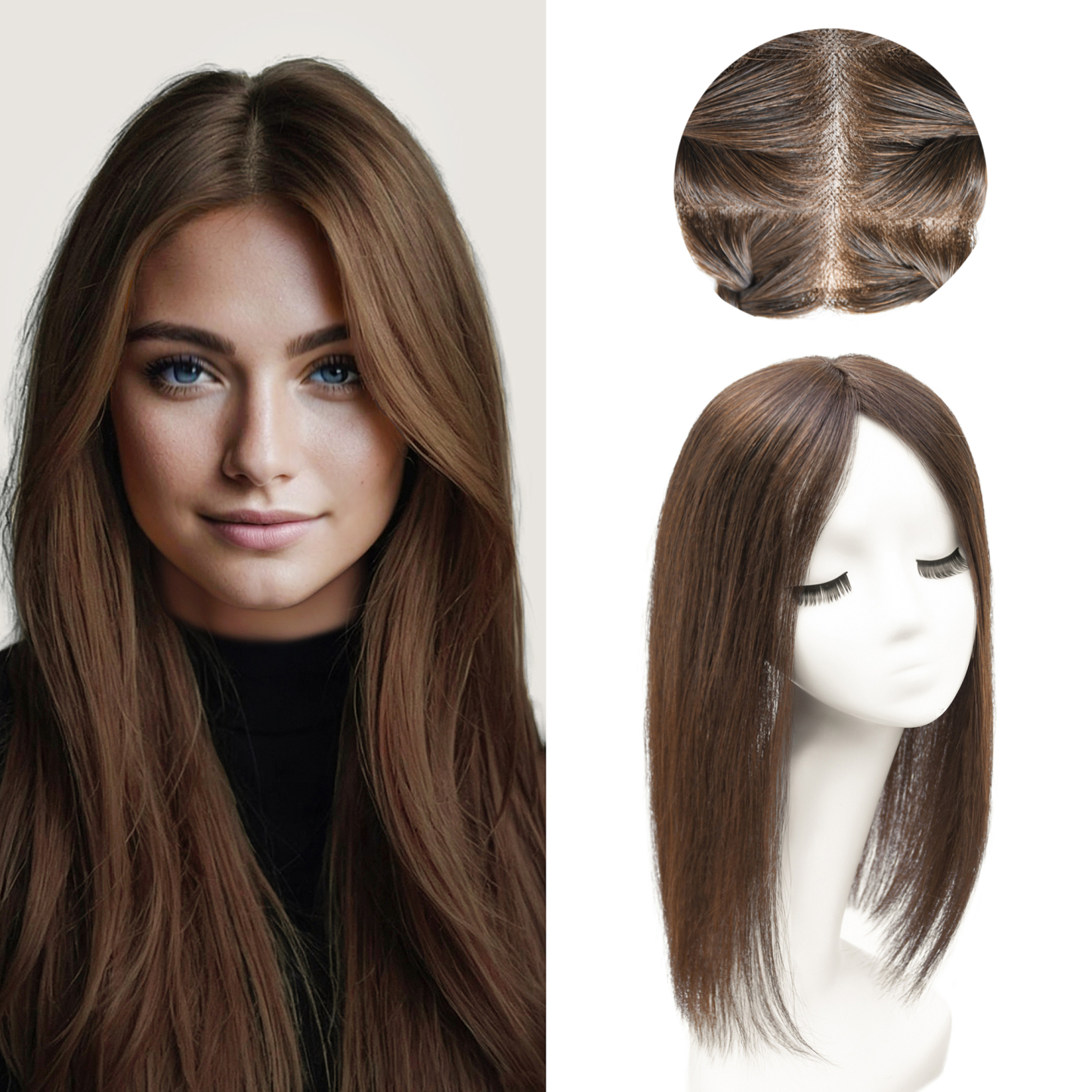 Meiverah Real Human Hair Full Hand-tied Swiss Mono Base Topper NO Bangs  Clip-In Thick Hairpiece for Women (#2 Medium Brown )