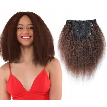 Yaki Hair Clip in Natural Hair Extensions for Black Women Virgin Remy Hair Kinky Straight （Dark Brown）
