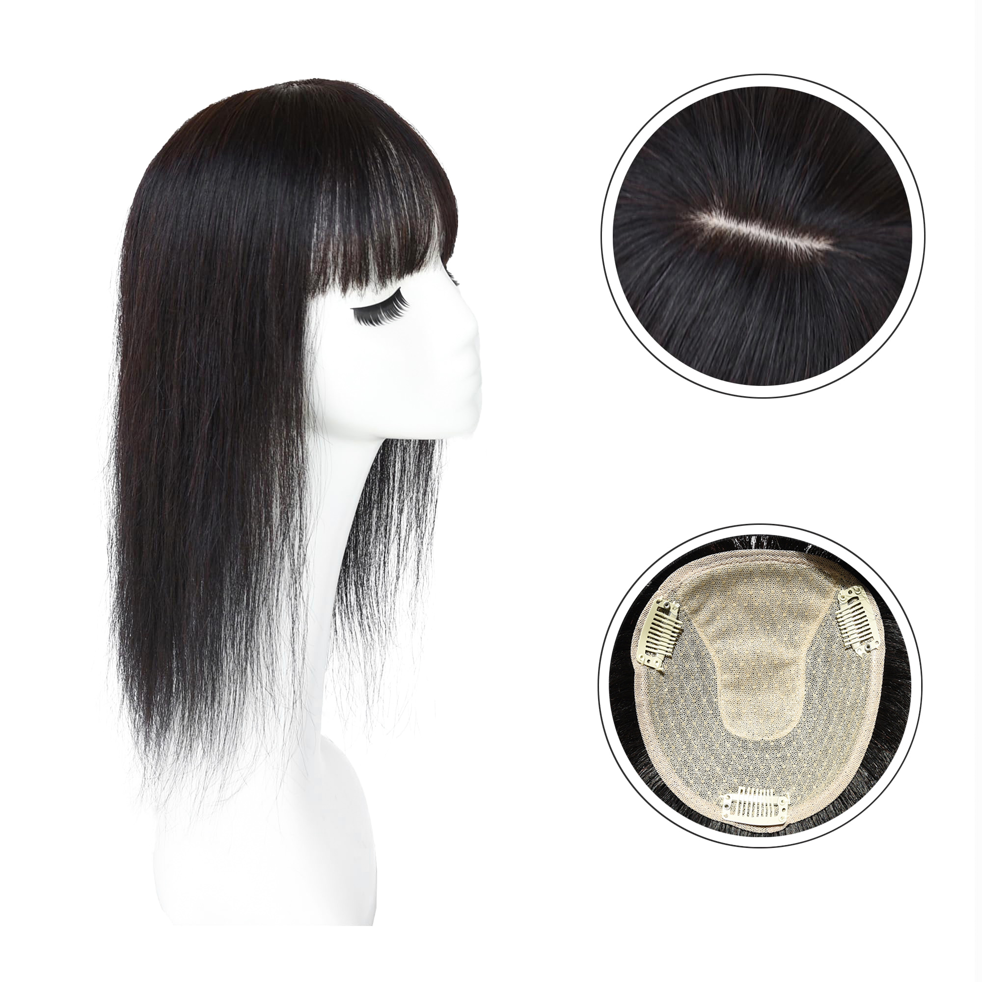 Meiverah Hair Real Human Hair Topper with Bangs - Clip-In Thick Silk Base Hairpiece for Women (Natural Black/16 inch)