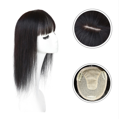 Meiverah Hair Real Human Hair Topper with Bangs - Clip-In Thick Silk Base Hairpiece for Women (Natural Black/16 inch)