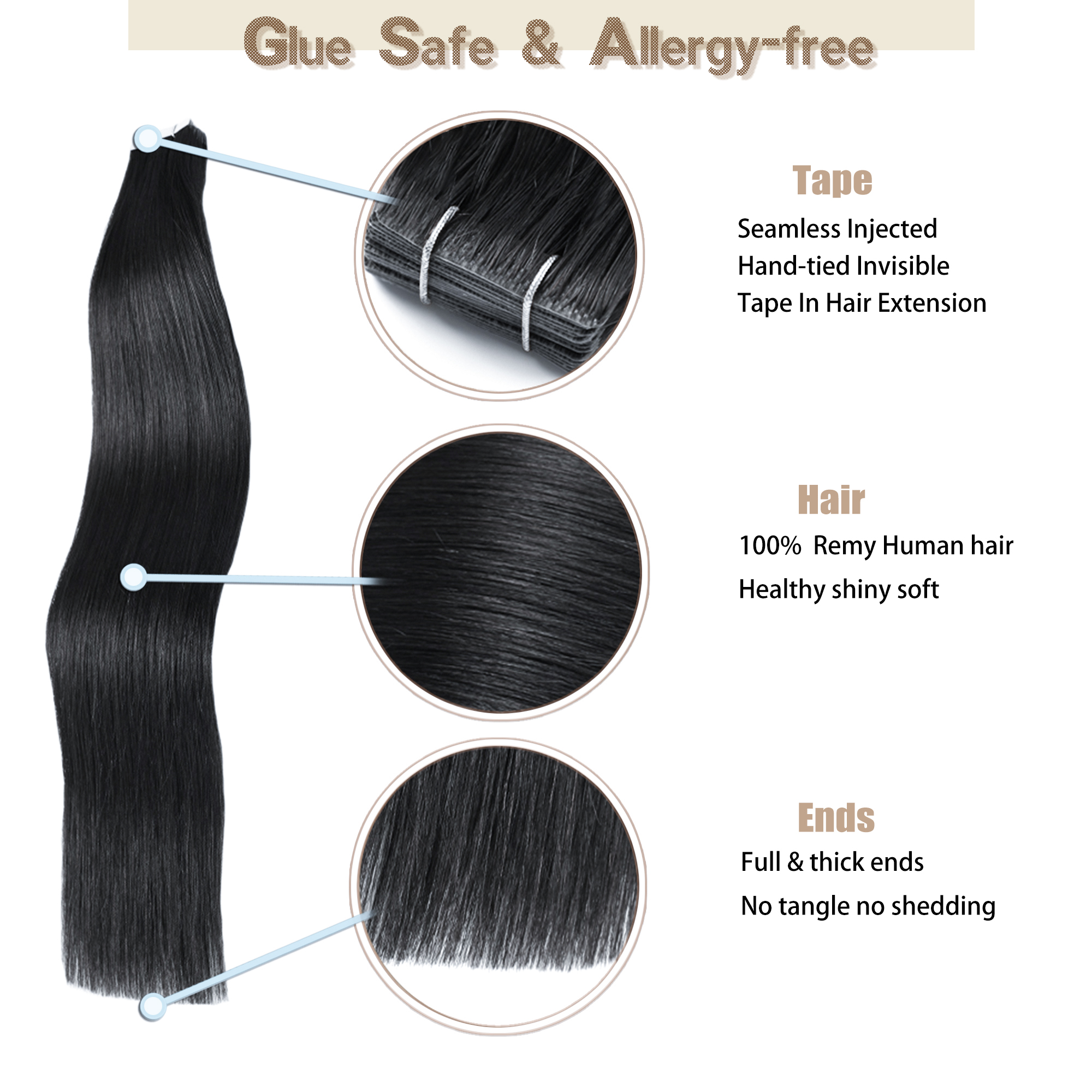 Meiverah Seamless Injected Hand-Tied Tape In Hair Extensions 20 Pcs/50 g Virgin Human Hair (#1)