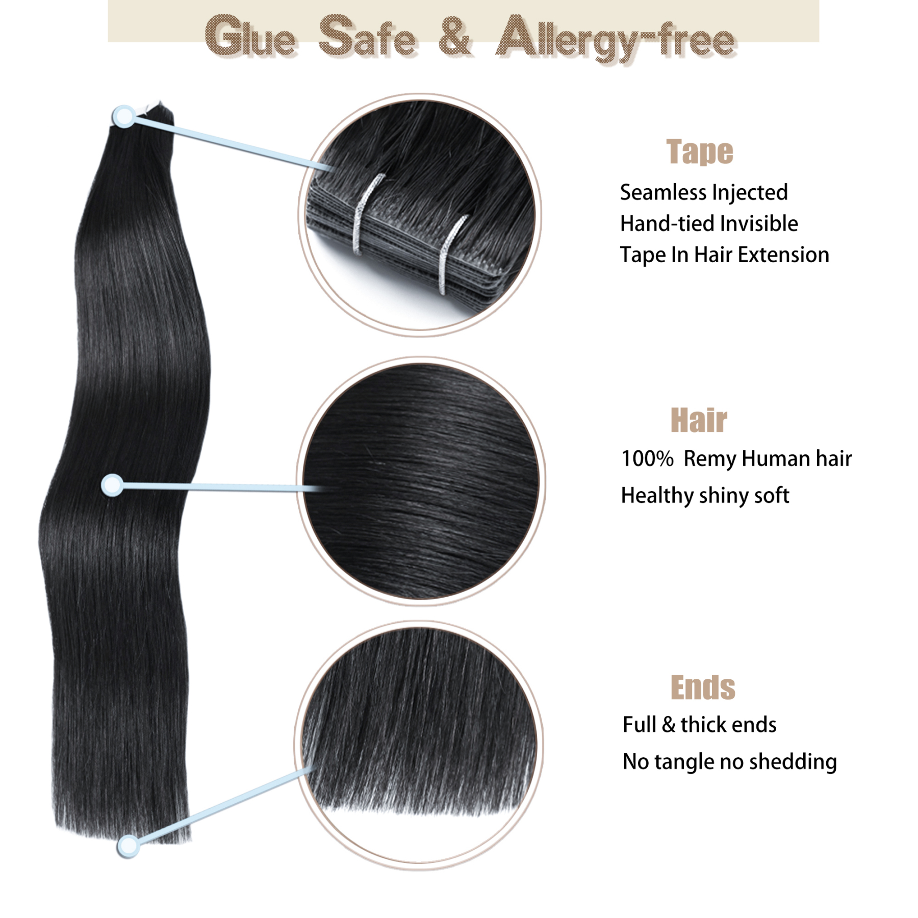 Meiverah Seamless Injected Hand-Tied Tape In Hair Extensions 20 Pcs/50 g Virgin Human Hair (#1)