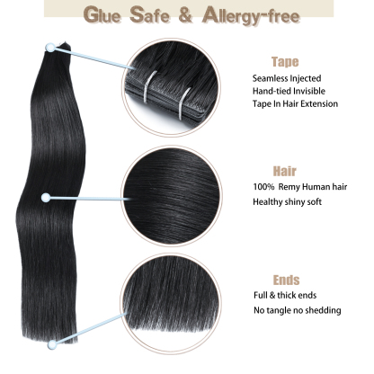 Meiverah Seamless Injected Hand-Tied Tape In Hair Extensions 20 Pcs/50 g Virgin Human Hair (#1)